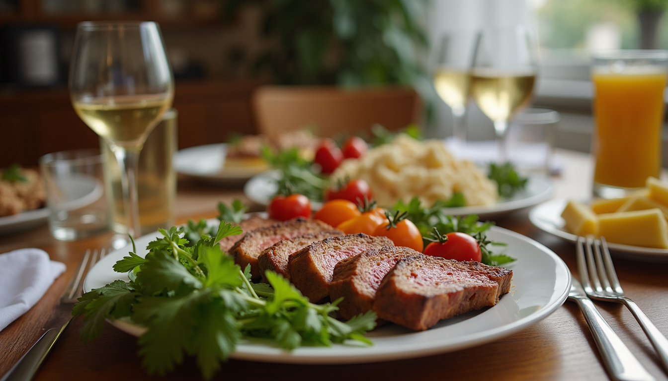 Eye-level view of a beautifully arranged home-cooked meal on a dining table