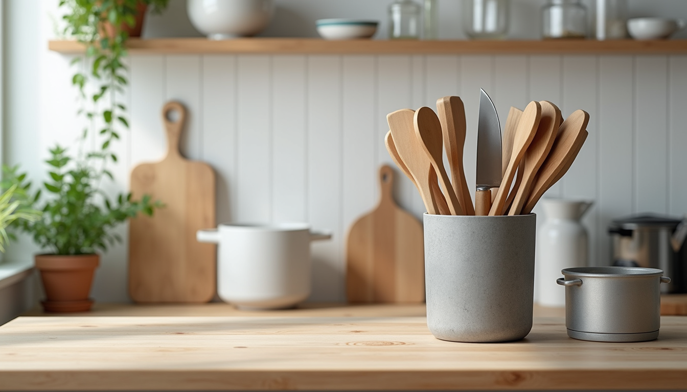 Eye-level view of a well-organized kitchen countertop with essential cooking tools